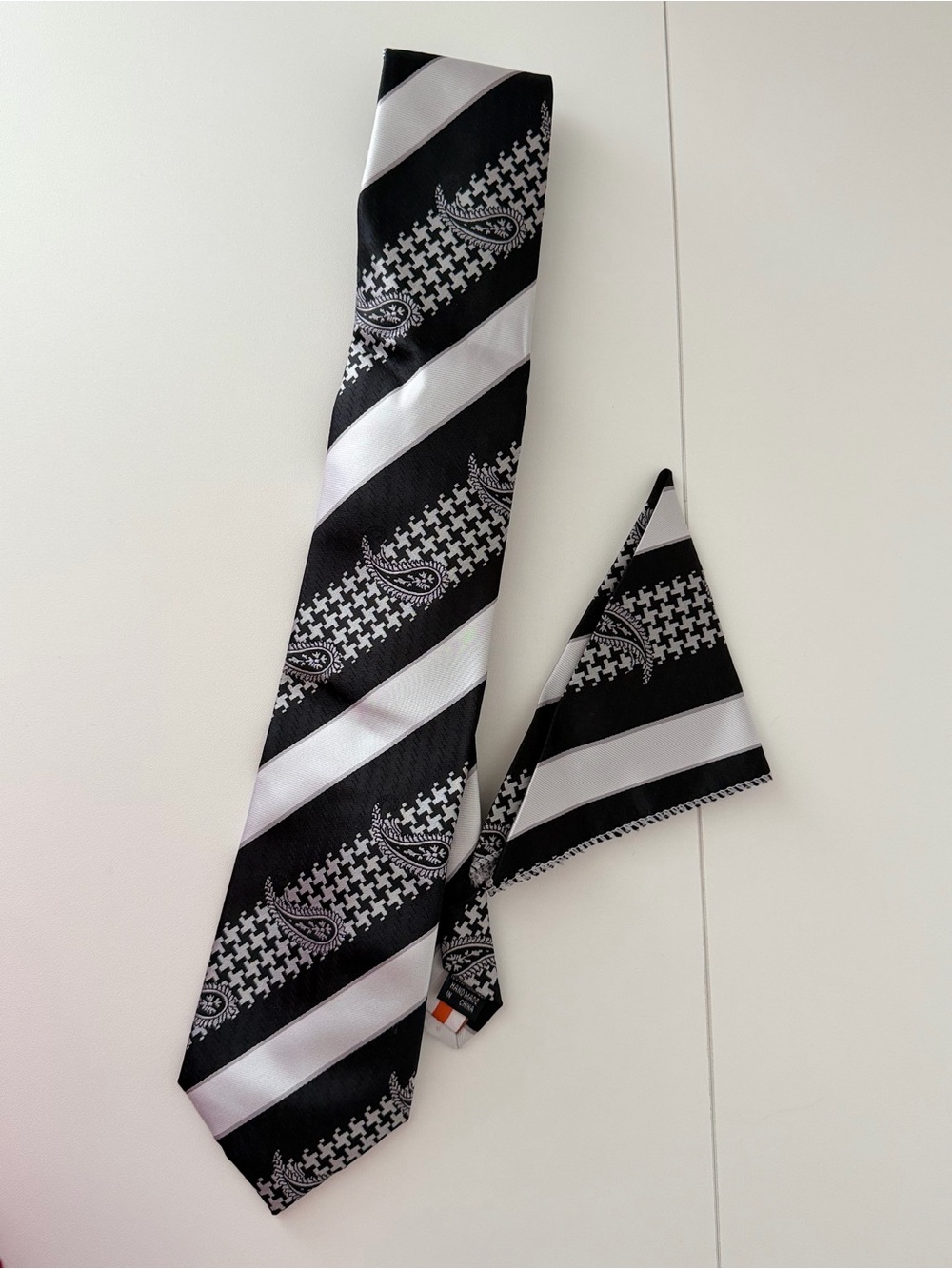Henri Picard Men’s Black White Paisley Houndstooth Striped Tie & Pocket Square